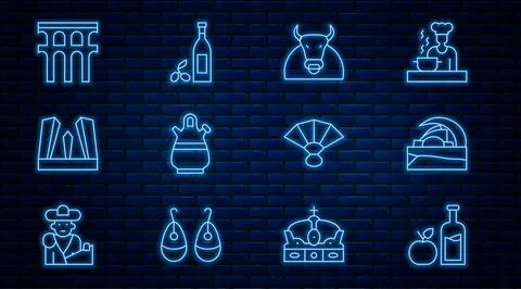 Set line Apple cider bottle, Concert hall Tenerife, Bull, Sangria pitcher, .. Ilustración de archivo