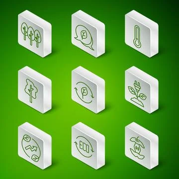 Set line Apple core, Leaf Eco symbol, Tree, Recycle with leaf, Electric sav.. Stock Illustration