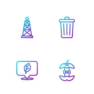 Set line Apple core, Location with leaf, Oil rig and Trash can. Gradient co.. Ilustración de archivo