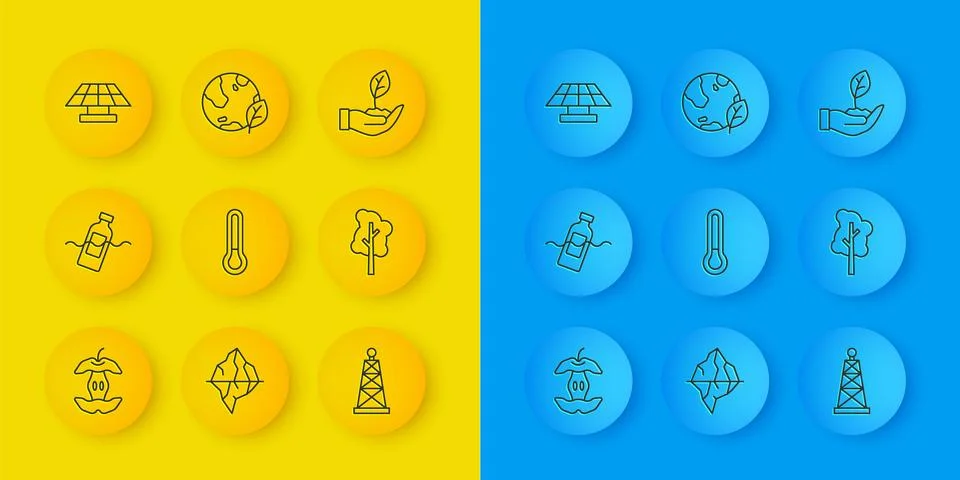 Set line Apple core, The problem of pollution, Thermometer, Oil rig, Tree, .. Stock Illustration