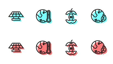 Set line Apple core, Solar energy panel, Earth melting to global warming and  Stock Illustration