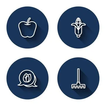 Set line Apple, Corn, Leaf and Garden rake with long shadow. Blue circle button 스톡 일러스트