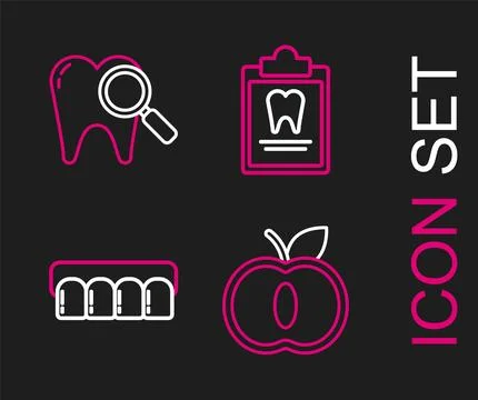 Set line Apple, Dentures model, Clipboard with dental card and Dental searc.. 스톡 일러스트
