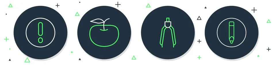 Set line Apple, Drawing compass, Speech bubble and Exclamation and Pencil icon Illustrazione stock
