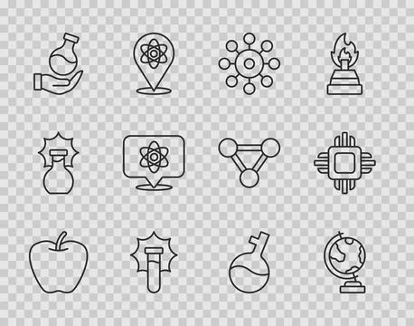 Set line Apple, Earth globe, Virus, Explosion in the flask, Test tube, Atom, and Stock Illustration