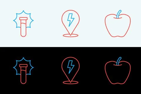 Set line Apple, Explosion in the flask and Lightning bolt icon. Vector Stock Illustration