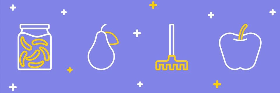 Set line Apple, Garden rake, Pear and Pickled cucumbers in jar icon. Vector Stock Illustration