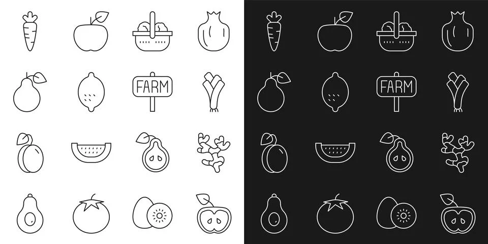 Set line Apple, Ginger root, Leek, Basket and food, Lemon, Pear, Carrot and Stock Illustration