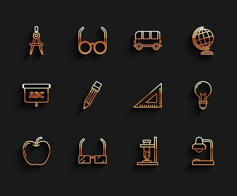 Set line Apple, Glasses, Drawing compass, test tube flask on fire, Table lamp イラスト素材
