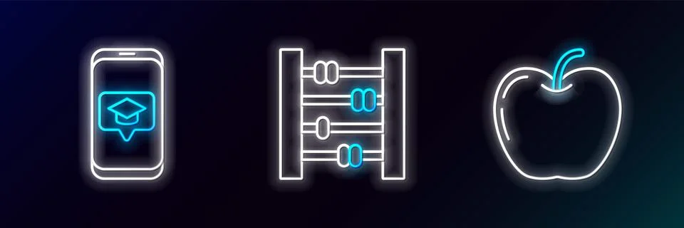 Set line Apple, Graduation cap on screen smartphone and Abacus icon. Glowin.. Stock Illustration
