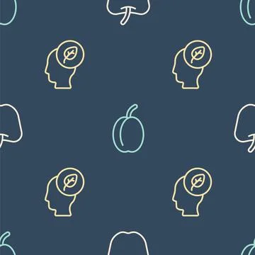 Set line Apple, Human head with leaf inside and Plum fruit on seamless pattern Illustrazione stock