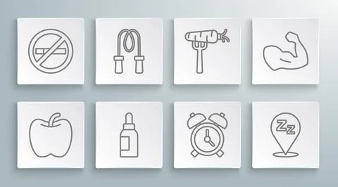 Set line Apple, Jump rope, Essential oil bottle, Alarm clock, Sleepy, Carrot  Illustrazione stock