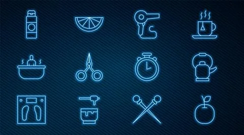 Set line Apple, Kettle with handle, Hair dryer, Scissors, Bathtub, Cream lo.. Illustration