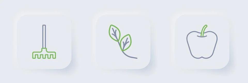 Set line Apple, Leaf and Garden rake icon. Vector Stock Illustration