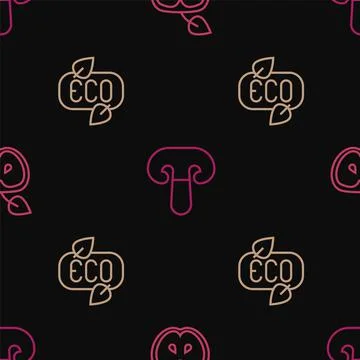 Set line Apple, Leaf Eco symbol and Mushroom on seamless pattern. Vector Illustrazione stock