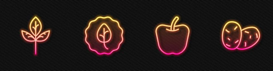 Set line Apple, Leaf or leaves, and Potato. Glowing neon icon. Vector Stock Illustration