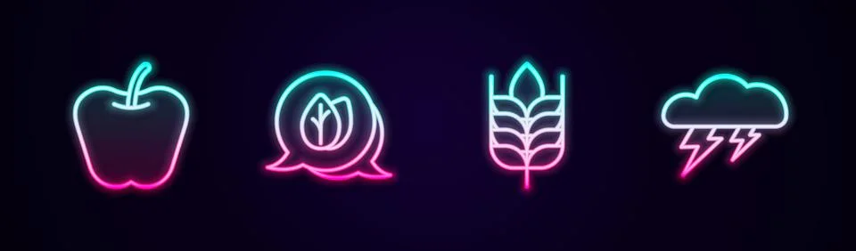 Set line Apple, Leaf, Wheat and Cloud and lightning. Glowing neon icon. Vector Stock Illustration