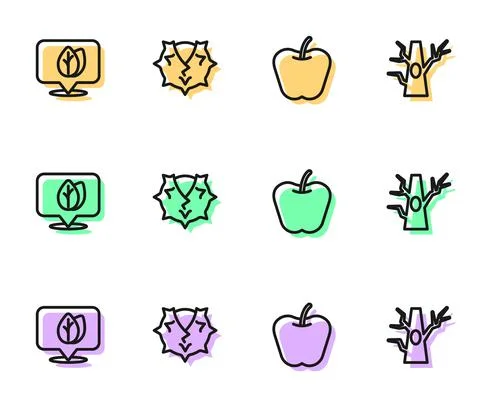 Set line Apple, Location with leaf, Chestnut and Bare tree icon. Vector Illustrazione stock