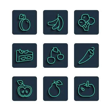 Set line Apple, Pear, Pumpkin, Broccoli, Cherry, Homemade fruit pie, Plum a.. Stock Illustration