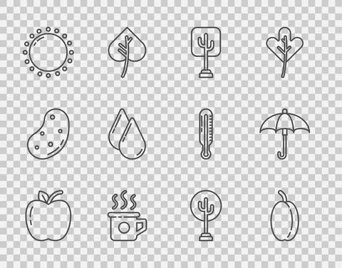 Set line Apple, Plum fruit, Tree, Cup of tea, Sun, Water drop, and Umbrella icon Stock Illustration