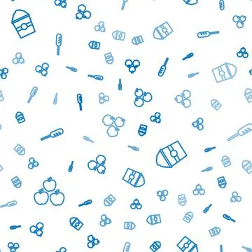Set line Apple, Popcorn in box and Fried sausage on seamless pattern. Vector Stock Illustration