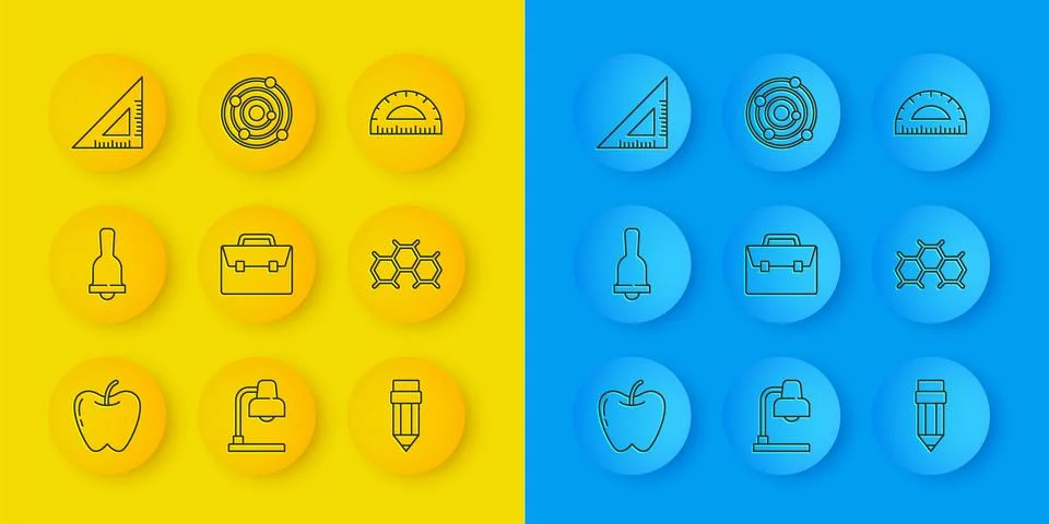 Set line Apple, Ringing bell, Briefcase, Pencil with eraser, Chemical formu.. Illustrazione stock