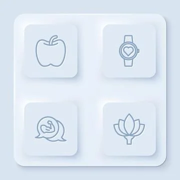 Set line Apple, Smart watch, Bodybuilder muscle and Lotus flower. White square Illustrazione stock