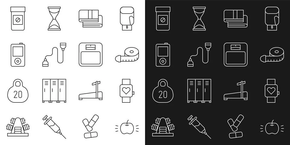 Set line Apple, Smart watch, Tape measure, Towel stack, Chest expander, Music イラスト素材