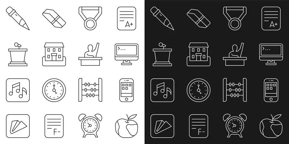 Set line Apple, Smartphone, Computer monitor, Medal, School building, Stage イラスト素材