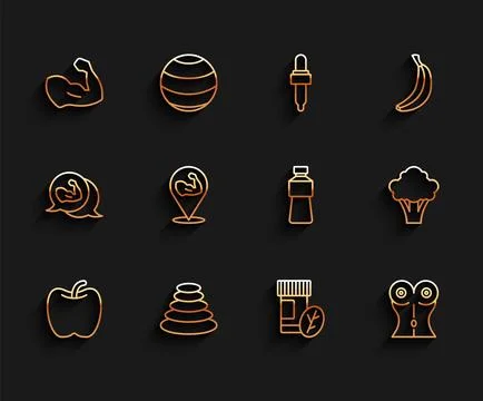 Set line Apple, Stack hot stones, Bodybuilder muscle, Vitamin pill, Women w.. 스톡 일러스트
