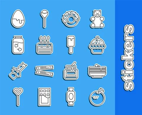 Set line Apple, Stack of pancakes, Cupcake, Donut, Cake with burning candles 스톡 일러스트