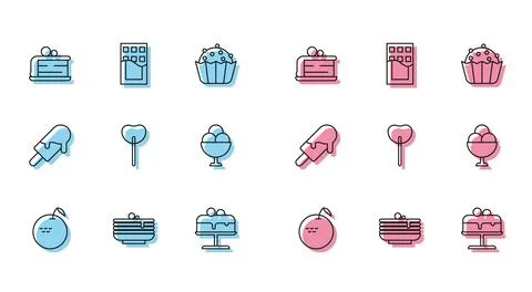 Set line Apple, Stack of pancakes, Piece, Cake on plate, Lollipop, Ice cream in 库存插图