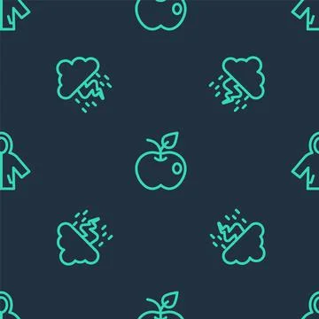 Set line Apple, Storm and Raincoat on seamless pattern. Vector Stock Illustration