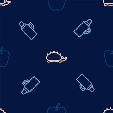 Set line Apple, Thermos container and Hedgehog on seamless pattern. Vector Illustrazione stock