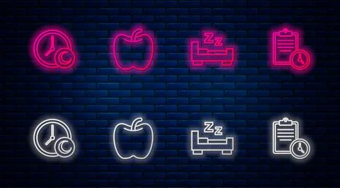Set line Apple, Time to sleep, and Sport training program. Glowing neon icon on Stock Illustration