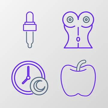 Set line Apple, Time to sleep, Women waist and Pipette with oil icon. Vector イラスト素材
