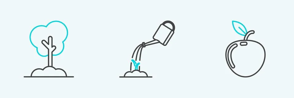 Set line Apple, Tree in the ground and Watering can with water icon. Vector Stock Illustration