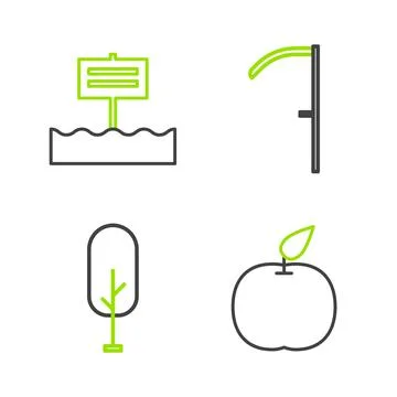 Set line Apple, Tree, Scythe and Blank wooden sign board icon. Vector Stock Illustration
