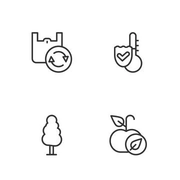 Set line Apple, Tree, Shopping bag with recycle and Thermometer icon. Vector Illustrazione stock
