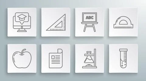 Set line Apple, Triangular ruler, Document, Glass test tube flask on fire, Test Stock Illustration