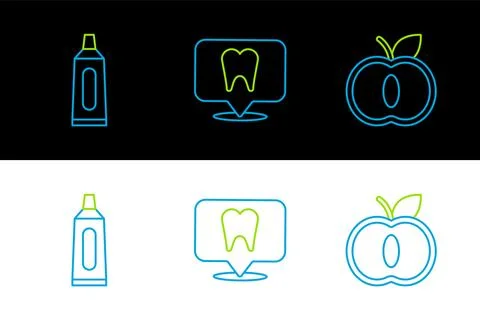 Set line Apple, Tube of toothpaste and Dental clinic location icon. Vector Stock Illustration