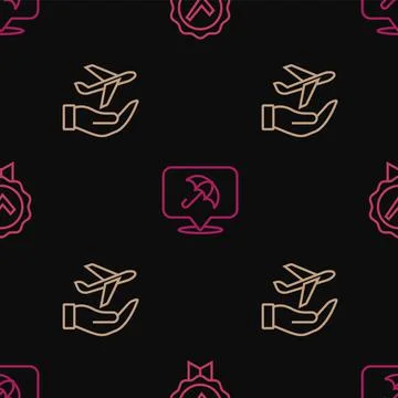 Set line Approved and check mark, Plane in hand and Umbrella on seamless pattern イラスト素材
