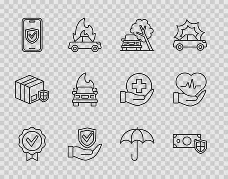 Set line Approved and check mark, Money with shield, Car damaged by fallen tree Stock Illustration