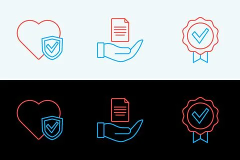 Set line Approved and check mark, Life insurance with shield and Contract h.. Stock Illustration