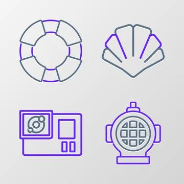 Set line Aqualung, Action camera, Scallop sea shell and Lifebuoy icon. Vector Stock Illustration