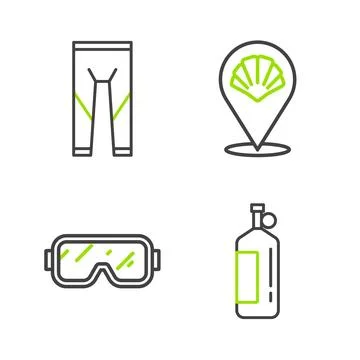 Set line Aqualung, Diving mask, Scallop sea shell and Wetsuit icon. Vector Illustrazione stock