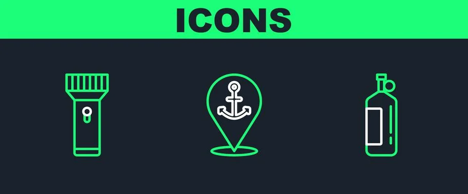 Set line Aqualung, Flashlight and Location with anchor icon. Vector Illustrazione stock