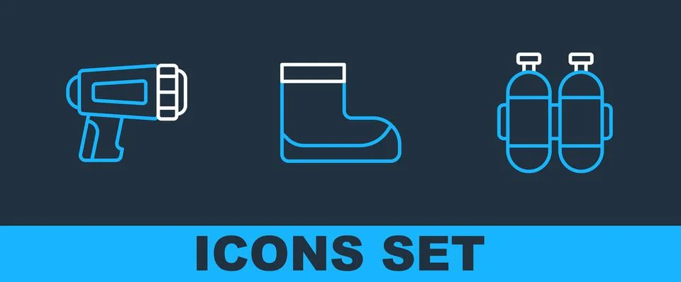 Set line Aqualung, Flashlight for diver and Boots icon. Vector Stock Illustration