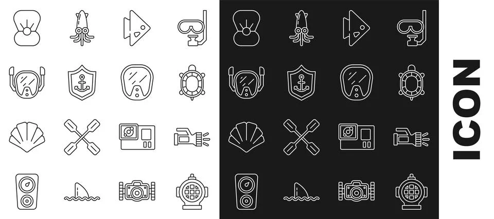 Set line Aqualung, Flashlight, Turtle, Fish, Anchor inside shield, Diving mask Stock Illustration