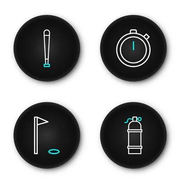 Set line Aqualung, Golf flag, Stopwatch and Baseball bat icon. Vector Stock Illustration
